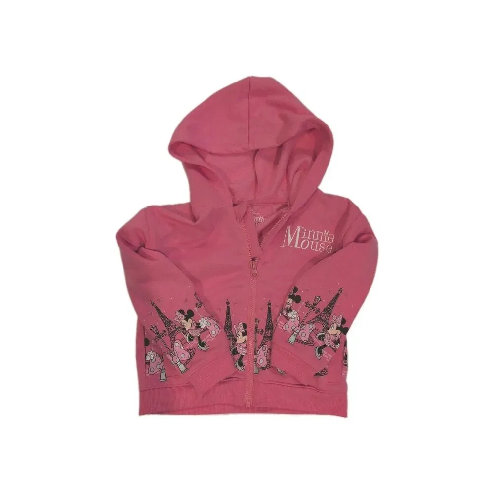 Disney Minnie Mouse Eiffel Tower Pink Girls 6T Hooded Zip Up Sweater